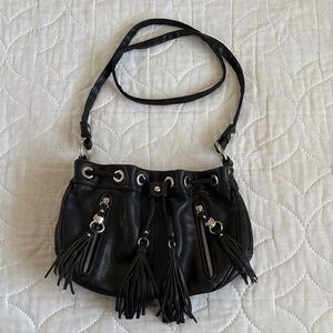 B Makowsky  Black Leather Boho Drawstring Tassel Crossbody Bag